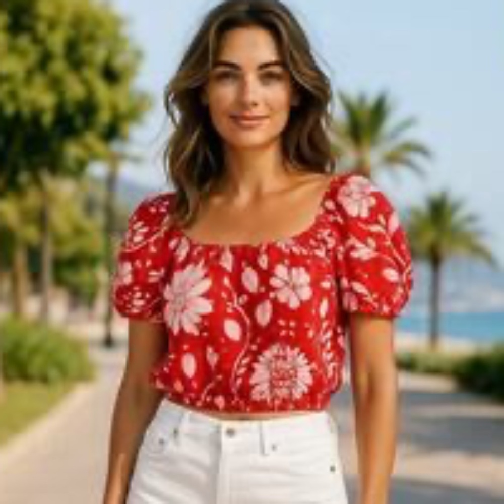 Haute Hippie cropped puff sleeve blouse, Sz M